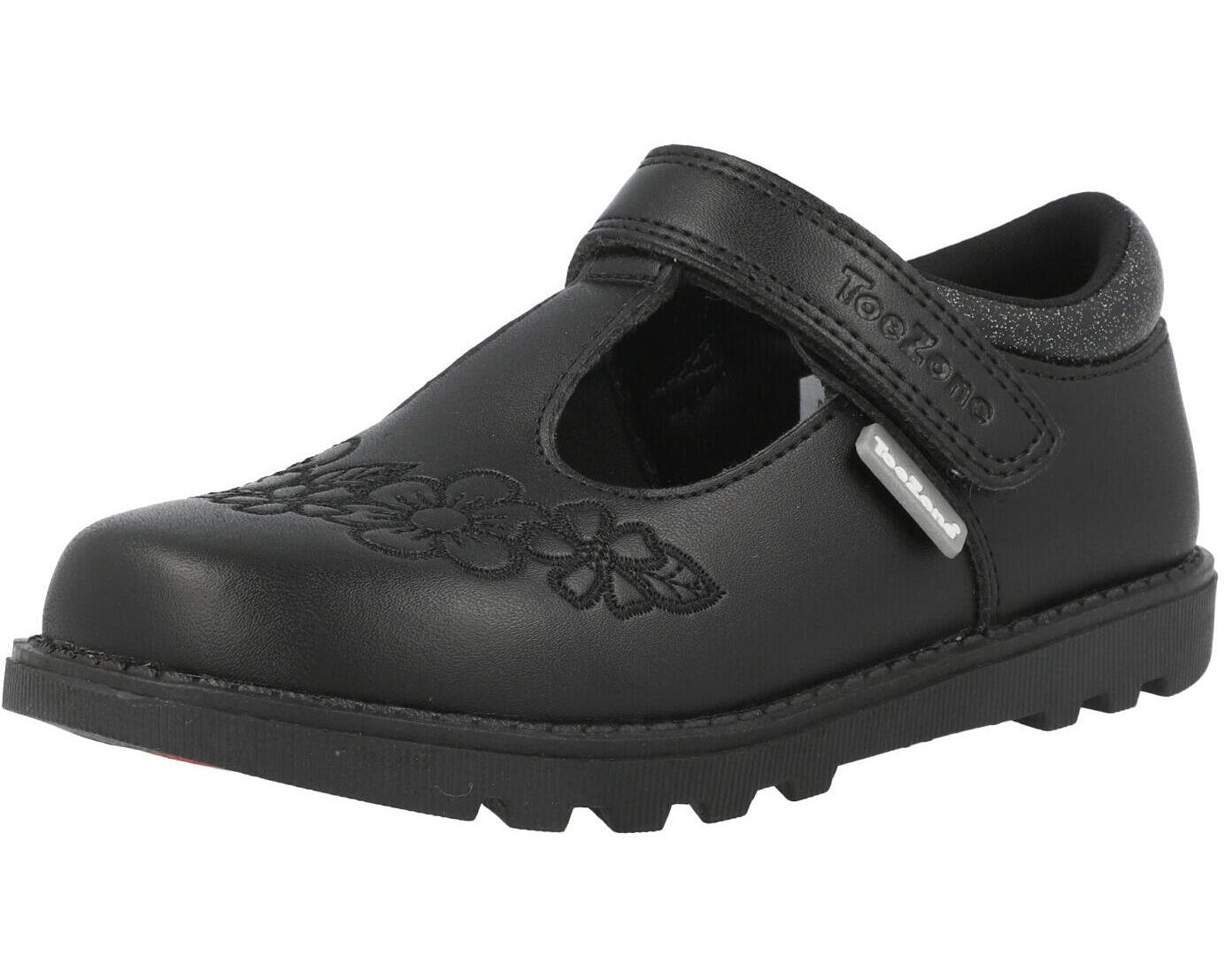 ToeZone Kat Vegan Flower Rip Tape School Shoes Black